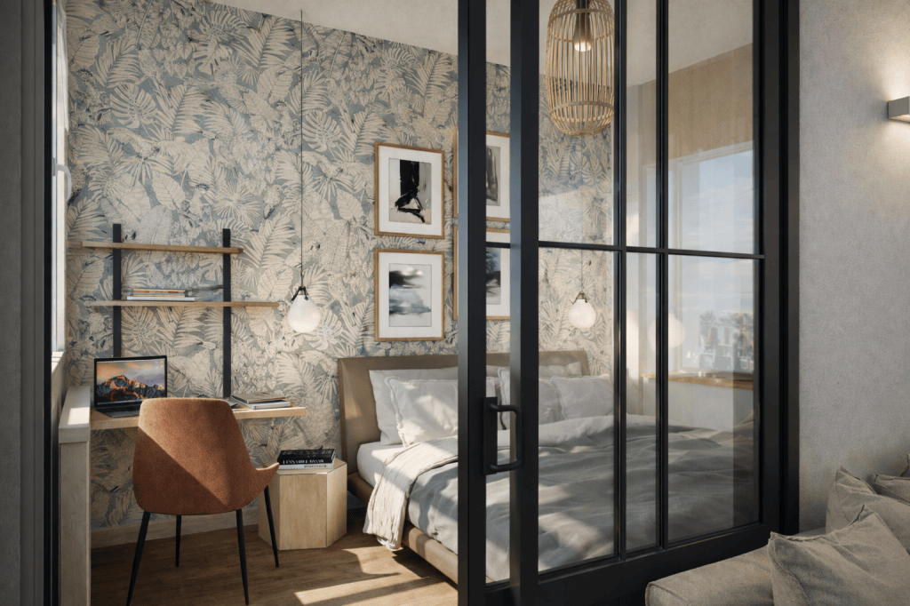 Chambre séparée du séjour par une verrière – rénovation d’un appartement à Paris 18e