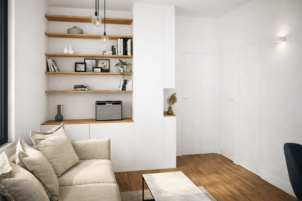 Séjour avec rangements sur mesure intégrés – appartement rénové à Paris 18e